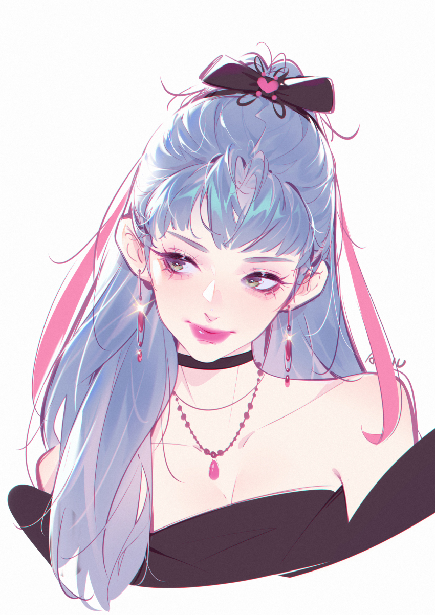 1girl, absurdres, adiu, bare_shoulders, black_bow, black_choker, black_dress, black_sleeves