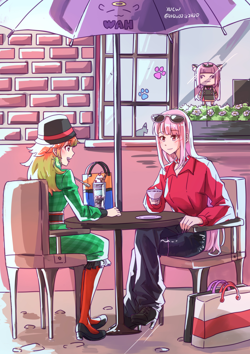 2girls, :3, absurdres, alternate_costume, animal_ears, black_dress, black_tiara, blush