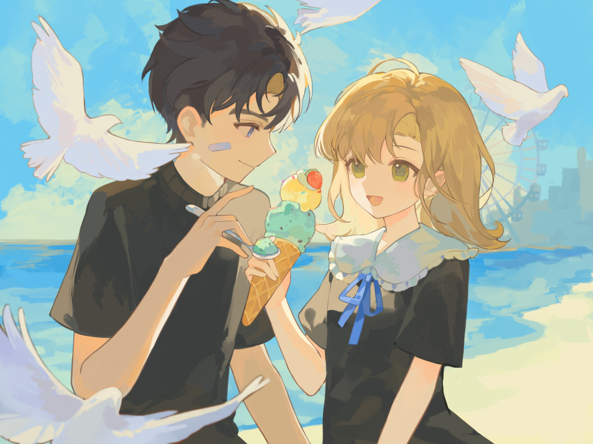 1boy, 1girl, :d, aged_down, bandaid, bandaid_on_face, beach, bird, black_dress, black_hair, black_shirt, blonde_hair, blue_eyes, blue_ribbon, blue_sky, brother_and_sister, brother_and_step-sister, child, chinese_commentary, commentary_request, day, multiple_scoops, dress, ferris_wheel, food, green_eyes, hand_up, highres, holding, holding_food, holding_ice_cream, holding_spoon, ice_cream, ice_cream_cone, j_(reverse:1999), looking_at_another, medium_hair, neck_ribbon, ocean, open_mouth, outdoors, paulina_(reverse:1999), profile, reverse:1999, ribbon, shirt, short_hair, short_sleeves, siblings, sky, skyline, smile, spoon, step-brother_and_step-sister, step-siblings, t-shirt, tsu_(77413922), upper_body, white_bird