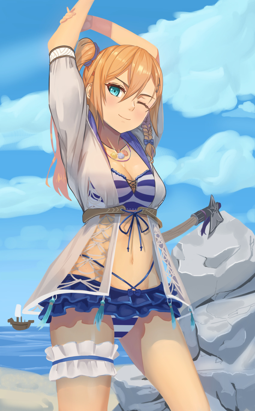 1girl, ;), absurdres, arms_up, axe, beach, bikini, blonde_hair