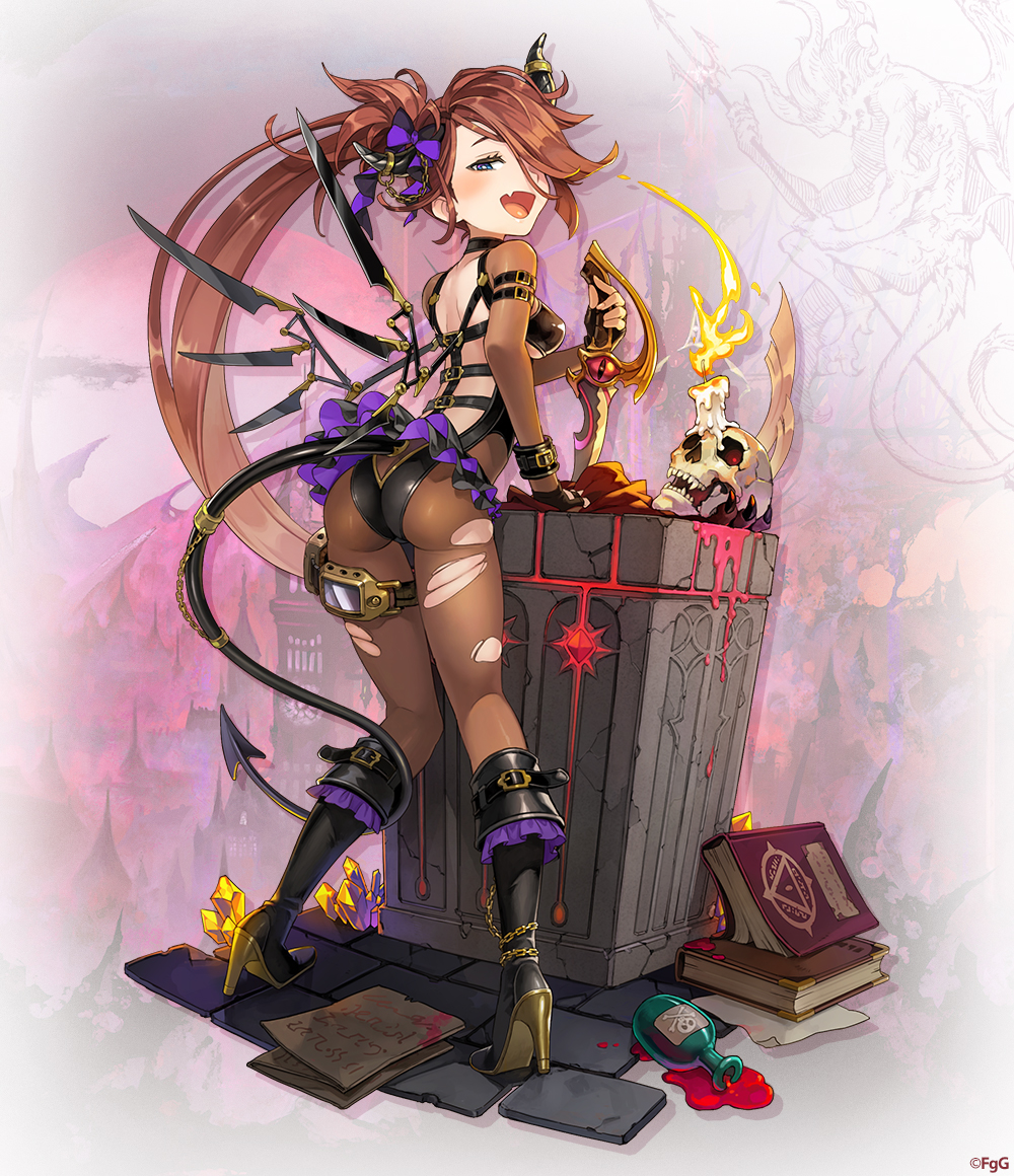 1girl, :d, ass, black_boots, boots, candle, commentary_request, copyright_notice, demon_tail, fang, full_body, hair_over_one_eye, high_heel_boots, high_heels, holding, holding_sword, holding_weapon, horns, komeko_(gumi), long_hair, looking_at_viewer, looking_back, mechanical_wings, official_alternate_costume, official_art, open_mouth, paracelsus_(phantom_of_the_kill), pavement, phantom_of_the_kill, second-party_source, short_sword, skin_fang, skull, smile, solo, sword, tail, torn_clothes, very_long_hair, weapon, wings