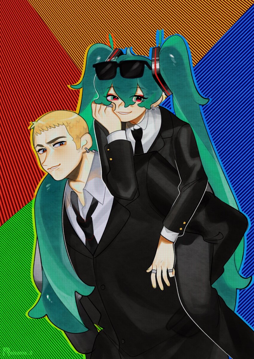 1boy, 1girl, aqua_eyes, aqua_hair, black_jacket, black_necktie, black_pants, blonde_hair