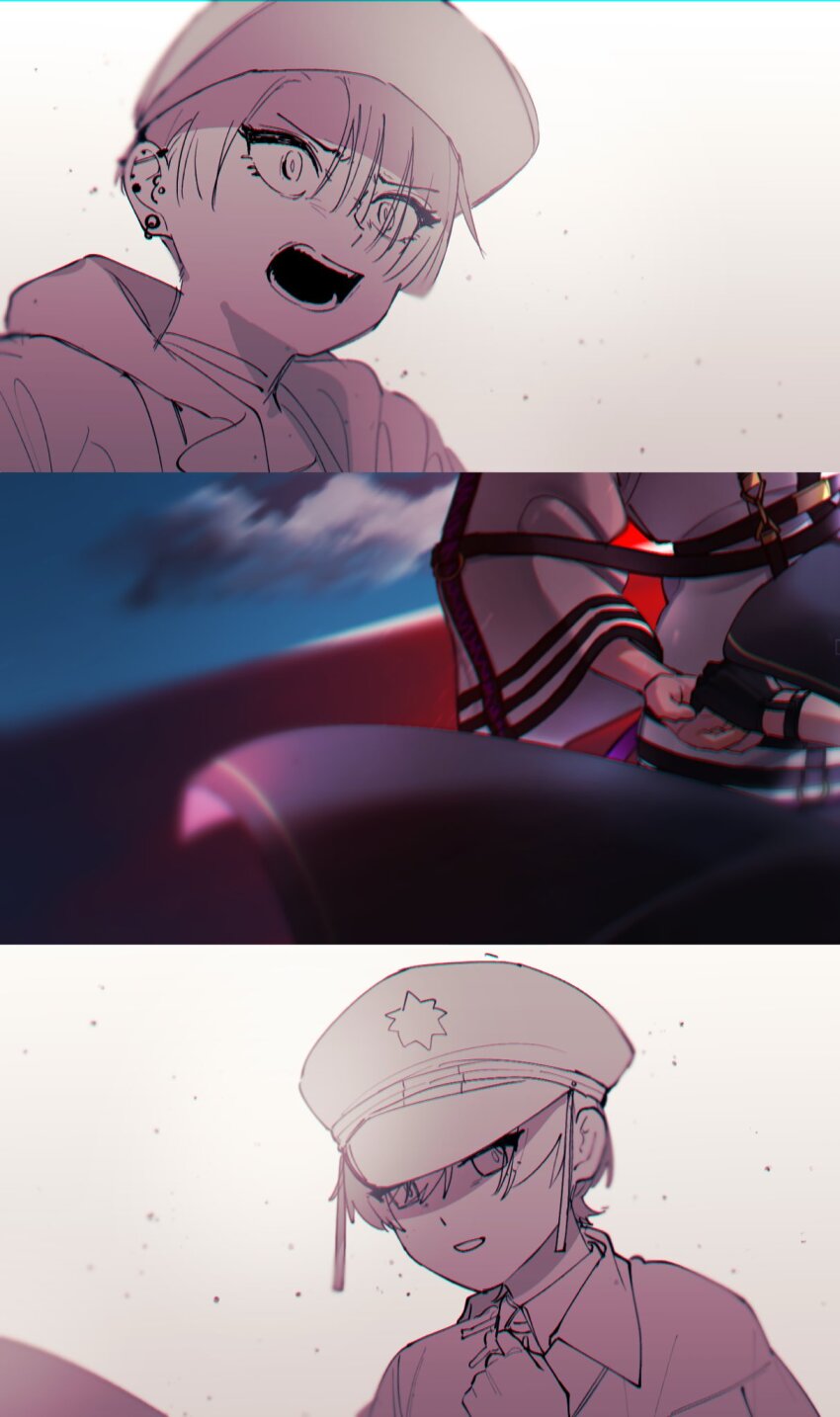 1girl, 1other, :d, androgynous, angry, asymmetrical_bangs, black_hair, collared_shirt