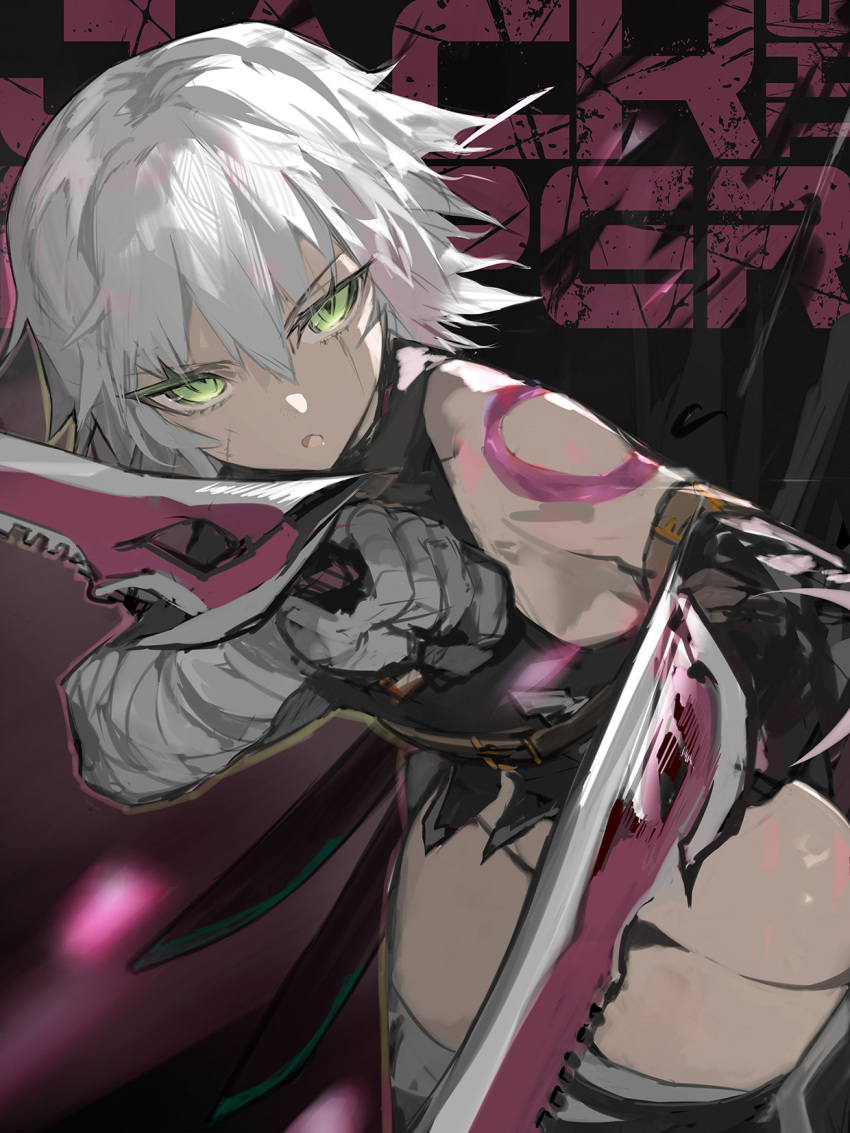 1girl, bandaged_arm, bandages, bare_shoulders, black_gloves, black_panties, black_sports_bra, black_thighhighs