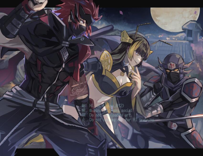 1girl, 2boys, abs, antennae, black_hair, blunt_bangs, duel_monster, grin