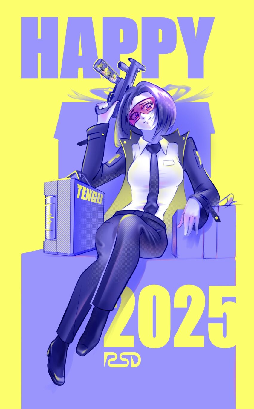 breasts, coat, full_body, gift, goggles, gun, h&amp;k_mp5k, hatsuaki, head_tilt, highres, holding, holding_weapon, light_smile, looking_to_the_side, new_year, office_lady, original, pants, sitting, sitting_on_object, starflight, submachine_gun, trench_coat, weapon, weapon_case