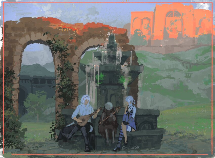 1girl, 2boys, asymmetrical_bangs, bandaged_arm, bandaged_leg, bandaged_neck, bandages, black_footwear, black_gloves, blue_negligee, boots, building, cloak, closed_eyes, collared_shirt, commentary, crossed_legs, emil_(nier), english_commentary, foliage, fountain, full_body, gloves, grass, hands_on_own_knees, headband, high_heels, highres, hill, holding, holding_instrument, holding_lute, holding_staff, instrument, kaine_(nier), lingerie, looking_at_another, lute_(instrument), multiple_boys, music, negligee, nier, nier_(brother), nier_(brother)_(post_timeskip), nier_(series), outdoors, panties, playing_instrument, ruins, scarf, shirt, sitting, skeleton, socks, st_hedge, staff, stone_floor, striped_clothes, striped_socks, tree, underwear, water, white_hair, white_panties, white_shirt