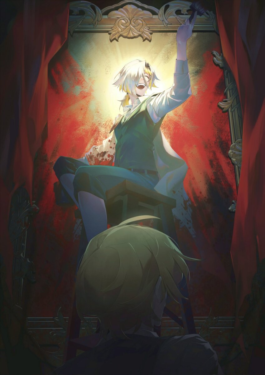 1boy, 1girl, belt, black_pants, black_vest, blonde_hair, blood_on_sleeves, canvas_(object)