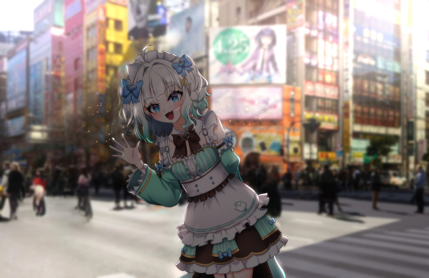 1girl, absurdres, ahoge, akihabara_(tokyo), apron, blue_eyes, blurry, blurry_background