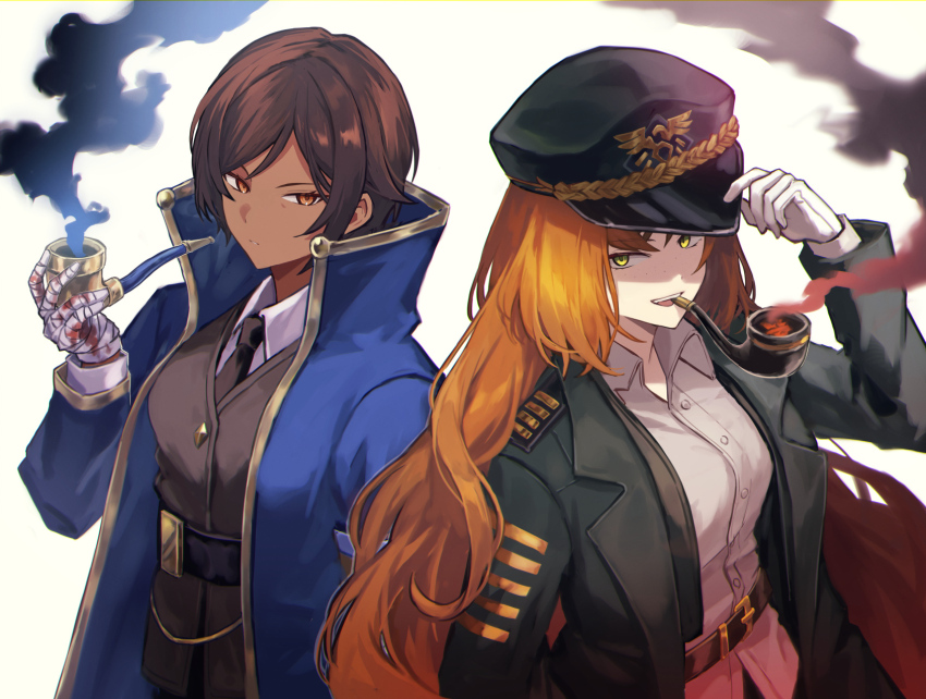 2girls, black_necktie, blue_coat, brown_eyes, brown_hair, coat, cowboy_shot, dark-skinned_female