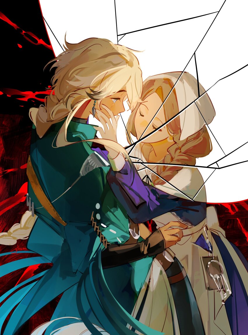 3girls, absurdres, apron, aqua_cape, argus_(reverse:1999), blonde_hair, braid, broken_mirror