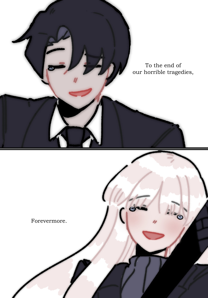 1boy, 1girl, absurdres, angelica_(project_moon), black_hair, black_jacket, black_necktie, closed_eyes, collared_shirt, crying, heriossu, highres, husband_and_wife, jacket, library_of_ruina, long_hair, necktie, open_mouth, parted_bangs, project_moon, roland_(project_moon), shirt, sidelocks, simple_background, smile, very_long_hair, white_background, white_hair, white_shirt