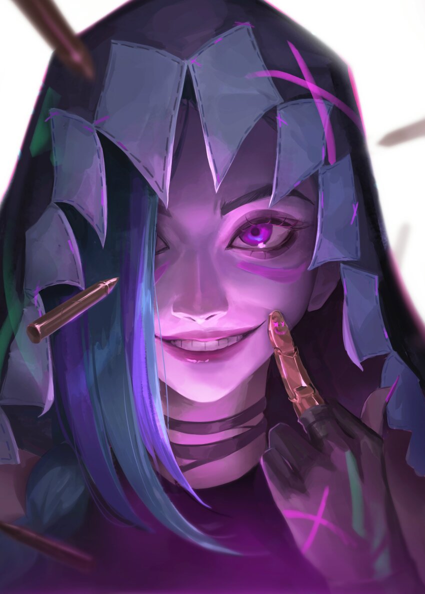 1girl, absurdres, arcane:_league_of_legends, arcane_fractured_jinx, black_choker, black_gloves, bullet, choker
