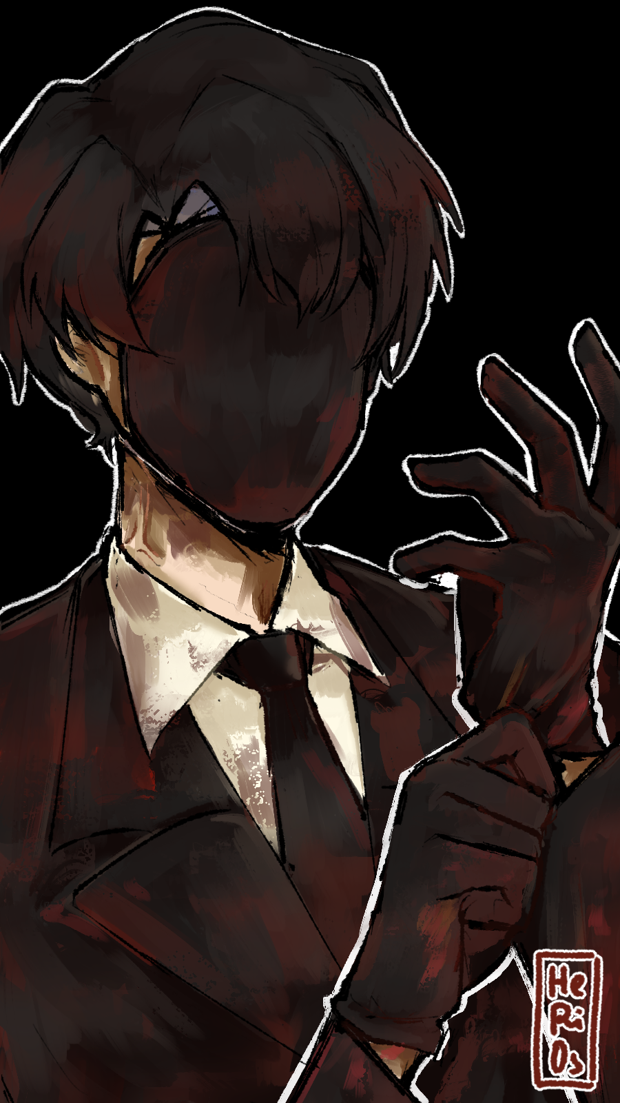 1boy, adjusting_clothes, adjusting_gloves, black_background, black_gloves, black_hair, black_mask, black_necktie