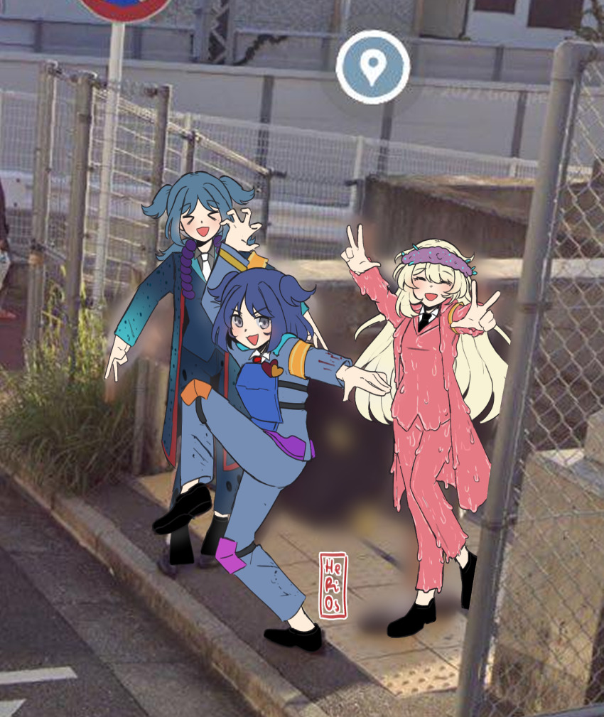 >_<, 3girls, adoration_(e.g.o), blonde_hair, blue_coat, blue_hair, coat, double_v