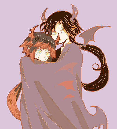 2boys, black_hair, cape, demon_boy, demon_horns, father_and_child, father_and_son, funamusea