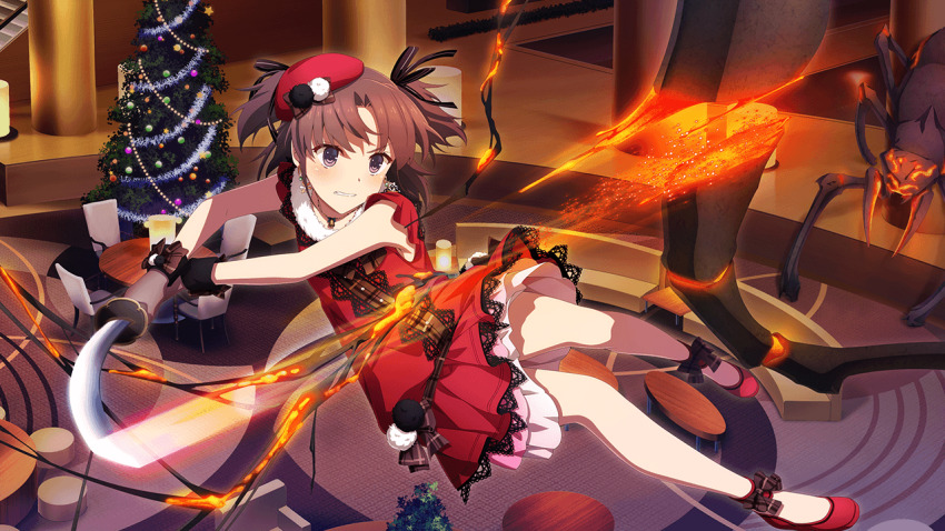 1girl, aradama_(toji_no_miko), beret, blush, brown_gloves, brown_hair, christmas, christmas_ornaments