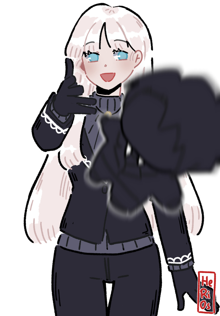 1girl, absurdres, angelica_(project_moon), black_gloves, black_jacket, black_sweater, blue_eyes, character_doll, cowboy_shot, doll, gloves, heriossu, highres, jacket, library_of_ruina, long_hair, long_sleeves, meme, open_mouth, project_moon, ribbed_sweater, roland_(project_moon), simple_background, smile, solo, sweater, very_long_hair, white_background, white_hair, woe_plague_be_upon_ye_(meme)