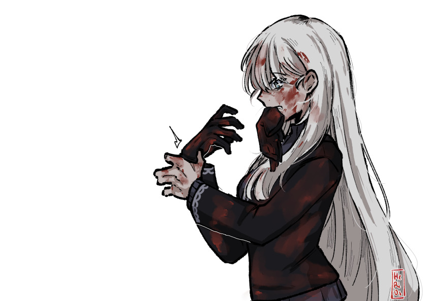 1girl, adjusting_clothes, adjusting_gloves, angelica_(project_moon), black_gloves, black_jacket, black_pants, black_sweater