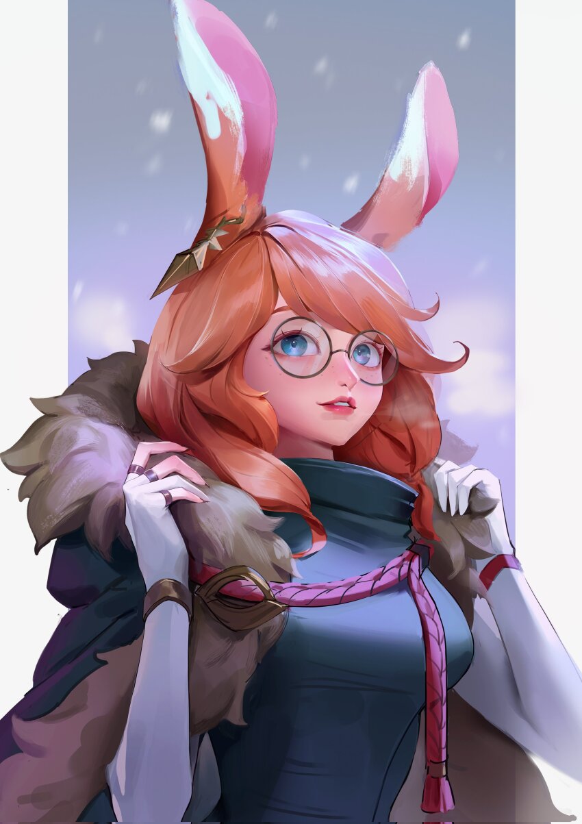 1girl, absurdres, animal_ears, aurora_(league_of_legends), blurry, blurry_background, breasts, cape