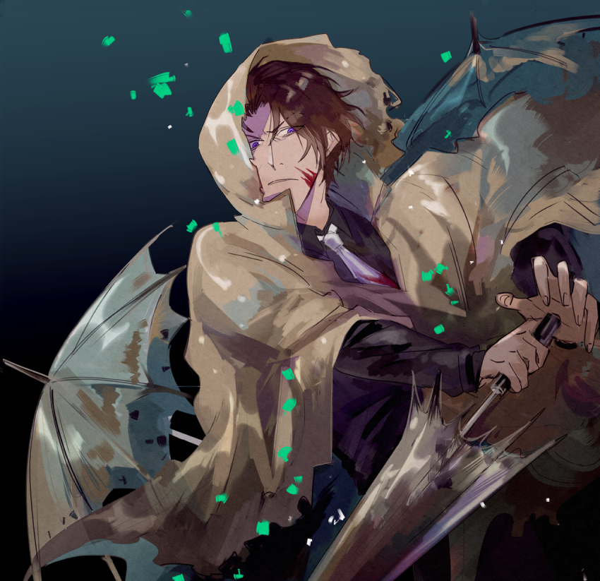1boy, black_shirt, blood, blood_on_clothes, blood_on_face, brown_cloak, brown_hair, cloak