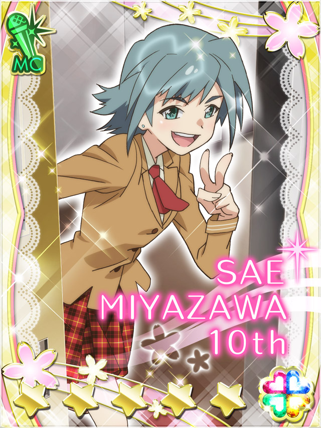 1girl, :d, akb0048, brown_jacket, card_(medium), character_name, cowboy_shot, ear_piercing