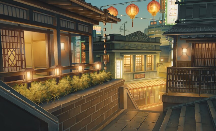 architecture, balcony, building, commentary_request, east_asian_architecture, highres, lantern, marquee_lights