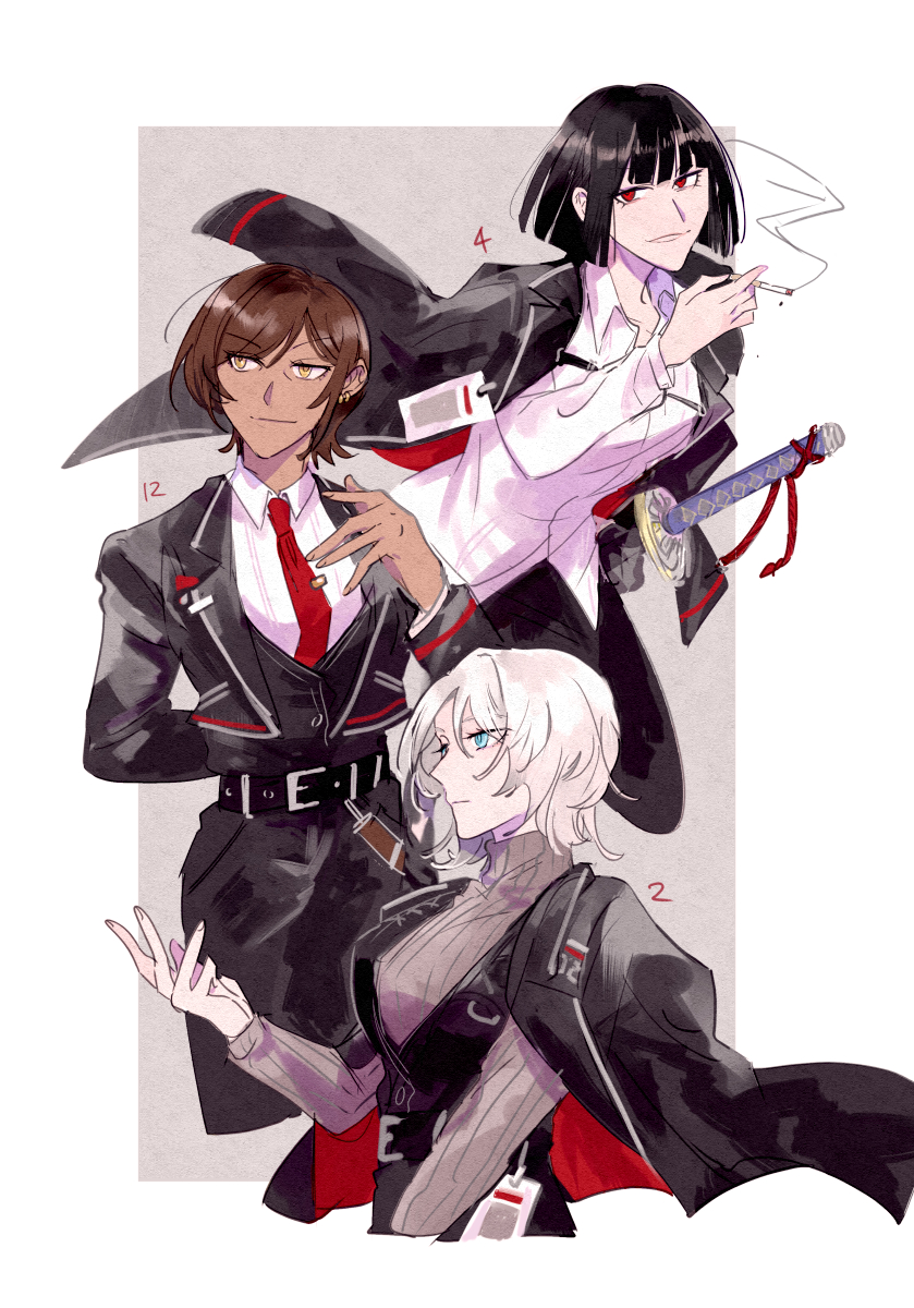 3girls, belt, black_belt, black_coat, black_pants, black_vest, blue_eyes, breasts