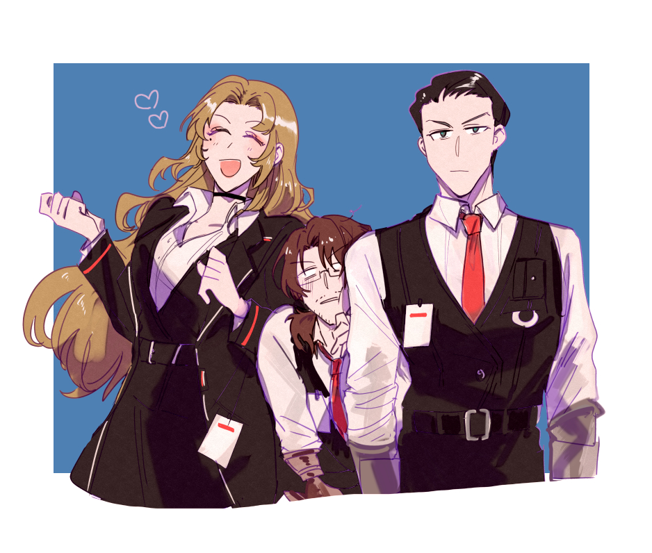 1girl, 2boys, black_hair, black_pants, black_vest, blush, closed_eyes, collared_shirt