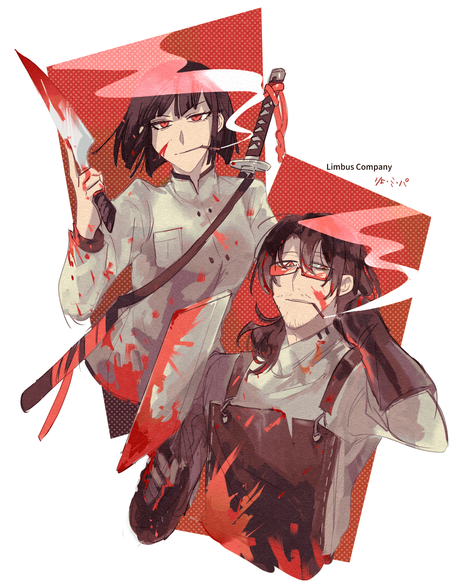 1boy, 1girl, apron, black_hair, blood, bloody_weapon, bob_cut, brown_apron