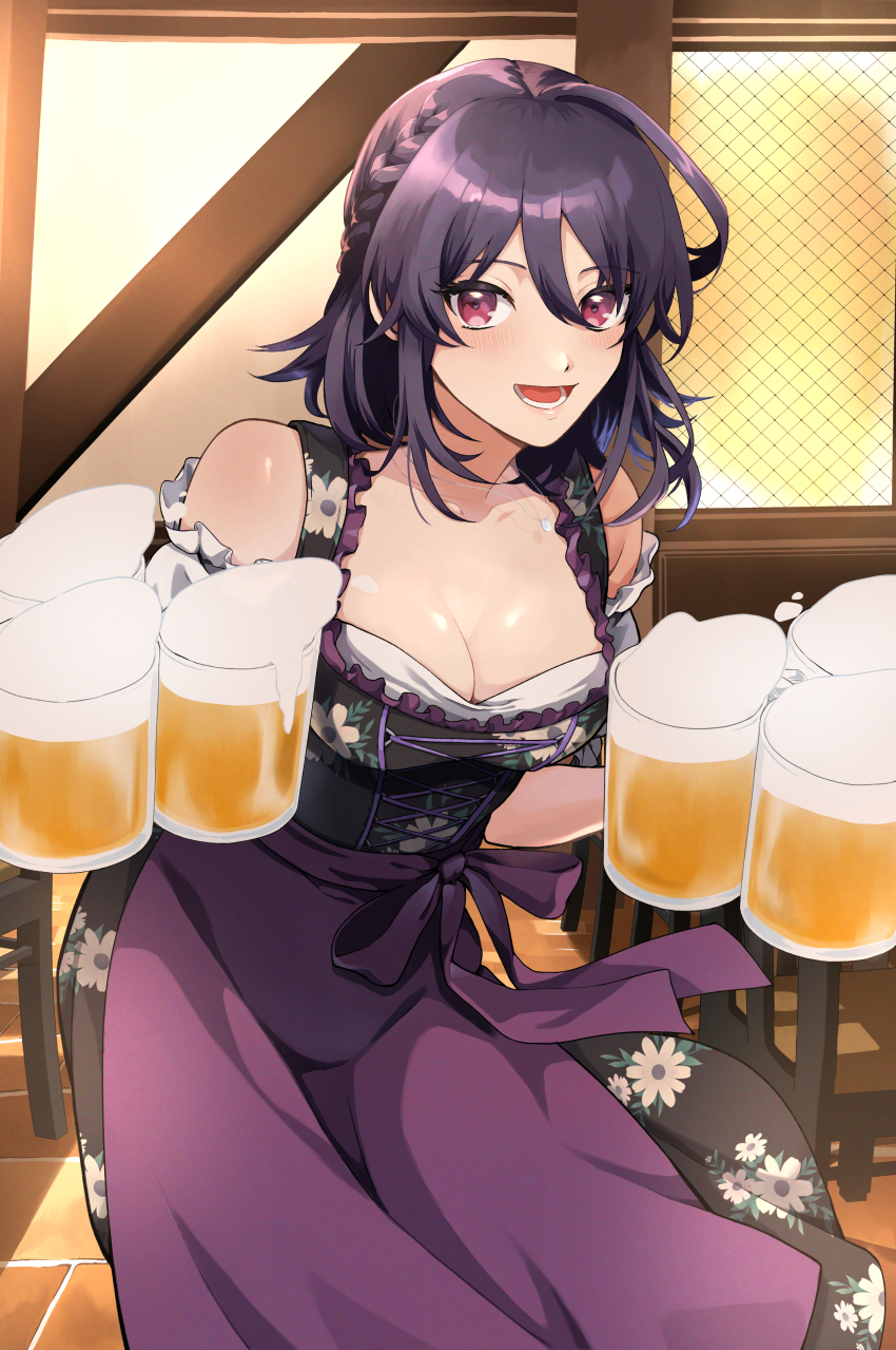 1girl, absurdres, alcohol, alternate_costume, apron, bare_shoulders, beer, beer_mug