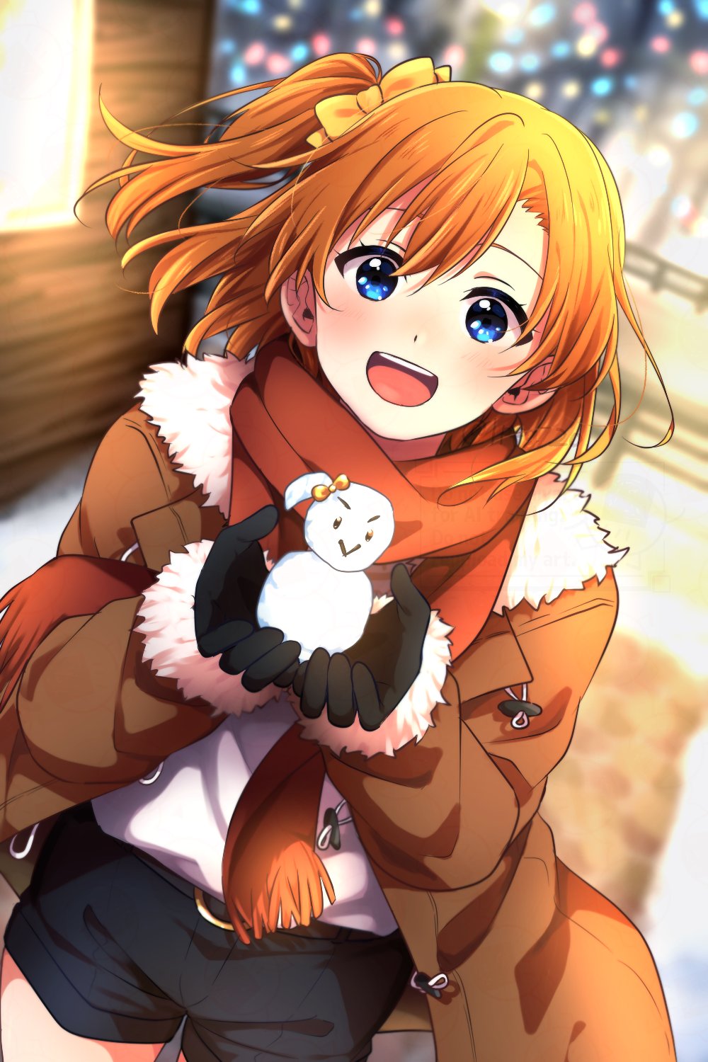 1girl, :>, :d, black_gloves, black_shorts, blue_eyes, blurry, blurry_background