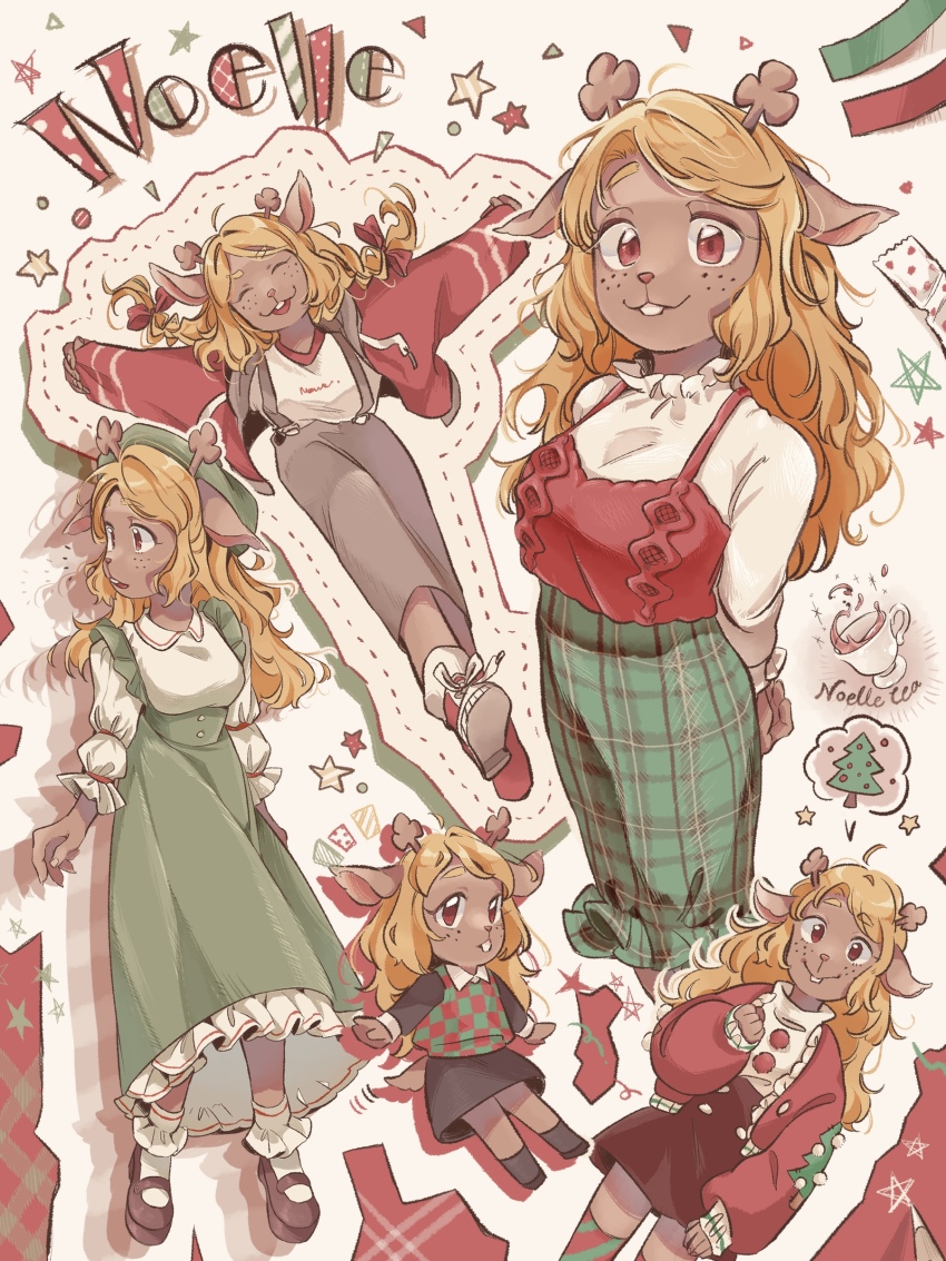 1girl, :3, ^_^, absurdres, alternate_costume, animal_ears, animal_nose, ankle_socks, antlers, arms_behind_back, bow, breasts, brown_footwear, brown_skirt, brown_tail, buck_teeth, camisole, character_name, christmas_tree, closed_eyes, closed_mouth, collared_shirt, commentary_request, cup, dark-skinned_female, dark_skin, deer_antlers, deer_ears, deer_girl, deer_tail, deltarune, freckles, frilled_skirt, frilled_socks, frills, full_body, g_c_hori, green_hat, green_skirt, grey_pants, hair_bow, hat, highres, horns, jacket, long_hair, long_sleeves, looking_at_viewer, mary_janes, medium_breasts, medium_skirt, multiple_views, noelle_holiday, open_clothes, open_jacket, open_mouth, pants, petticoat, plaid_clothes, plaid_skirt, pom_pom_(clothes), puffy_long_sleeves, puffy_sleeves, red_bow, red_camisole, red_eyes, red_footwear, red_jacket, shirt, shoelaces, shoes, simple_background, skirt, socks, spoken_object, star_(symbol), suspenders, tail, teacup, teeth, triangle, turtleneck, twintails, utdr_(toby_fox), white_shirt, white_socks