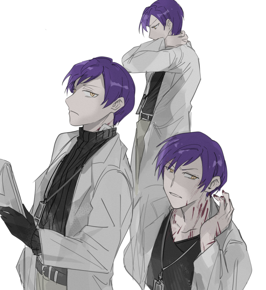 1boy, belt, black_belt, black_gloves, blood, blood_on_hands, blood_on_neck, coat