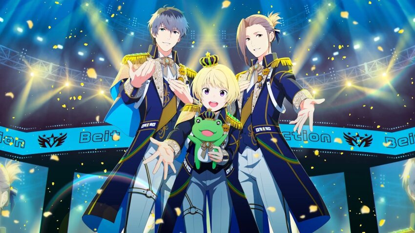 3boys, beit_(idolmaster), black_hair, blonde_hair, brown_hair, cowboy_shot, crown, earrings