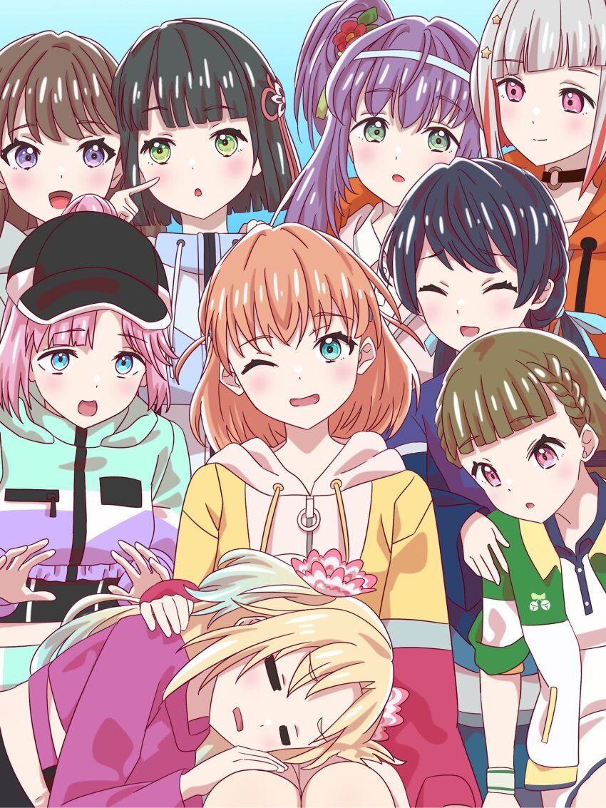 6+girls, :d, :o, ;d, ^_^, anyoji_hime, anyoji_hime_(winter_training_wear), aqua_eyes