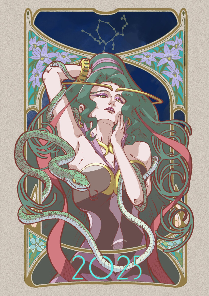 1girl, breasts, chinese_zodiac, cleavage, constellation, dress, earrings, green_hair