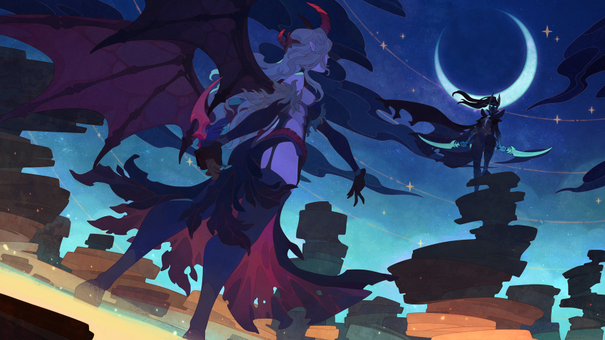 2girls, aric, armor, bikini_armor, bristleback_(dota), cape, centaur_warrunner_(dota), cleavage_cutout, clockwerk_(dota), clothing_cutout, colored_skin, crescent_moon, dagger, demon_horns, demon_wings, dota_(series), dota_2, dual_wielding, dutch_angle, earth_spirit_(dota), elbow_gloves, elder_titan_(dota), gloves, glowing, glowing_eyes, high_ponytail, highres, holding, holding_knife, holding_sword, holding_weapon, horns, knife, leotard, long_hair, mars_(dota), moon, multiple_girls, night, phantom_assassin_(dota), pointy_ears, ponytail, primal_beast_(dota), queen_of_pain_(dota), reverse_grip, sky, spirit_breaker_(dota), star_(sky), starry_sky, sword, torn_cape, torn_clothes, undying_(dota), weapon, wings