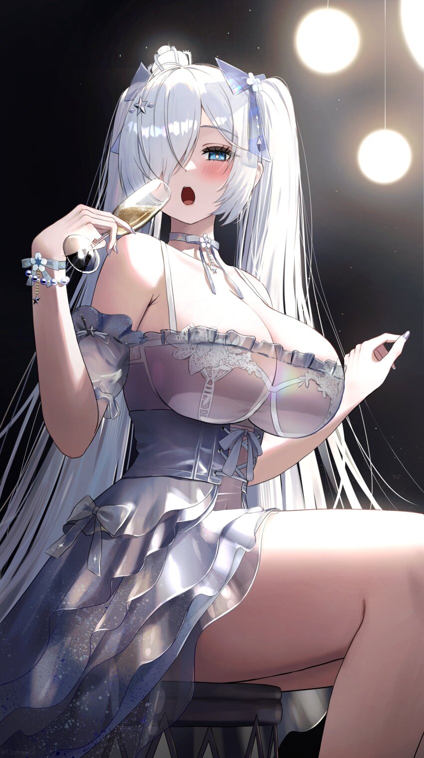 1girl, :o, absurdres, alcohol, blue_eyes, blush, bra, breasts