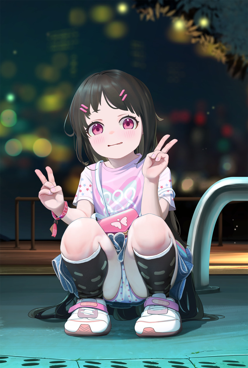 1girl, akifn, bag, black_hair, black_thighhighs, blue_skirt, blurry, blurry_background, blush, bracelet, commentary_request, double_v, full_body, grin, hair_ornament, hairclip, hands_up, highres, jewelry, jojifuku, loli, long_hair, looking_at_viewer, original, outdoors, paid_reward_available, panties, pantyshot, parted_bangs, pink_bag, pink_eyes, pink_shirt, print_panties, shirt, shoes, short_sleeves, shoulder_bag, skirt, smile, sneakers, solo, squatting, stained_panties, star_(symbol), star_panties, star_print, t-shirt, thighhighs, underwear, upskirt, v, velcro_footwear, very_long_hair, white_panties, white_shoes, white_sleeves