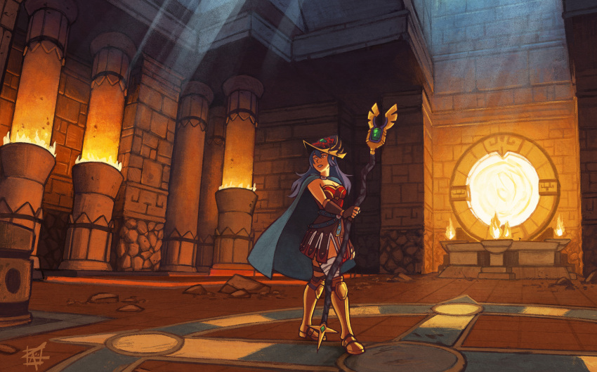 1girl, altar, armor, armored_boots, bandaged_leg, bandages, belt, blue_hair