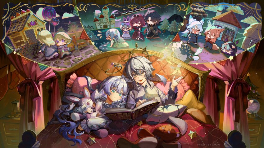 5boys, 6+girls, :d, aged_down, alternate_costume, animal_ears, astral_express_(honkai:_star_rail), aventurine_(honkai:_star_rail)