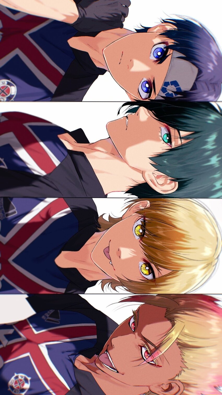4boys, bl_111252, black_gloves, blonde_hair, blue_eyes, blue_hair, blue_lock, blue_shirt