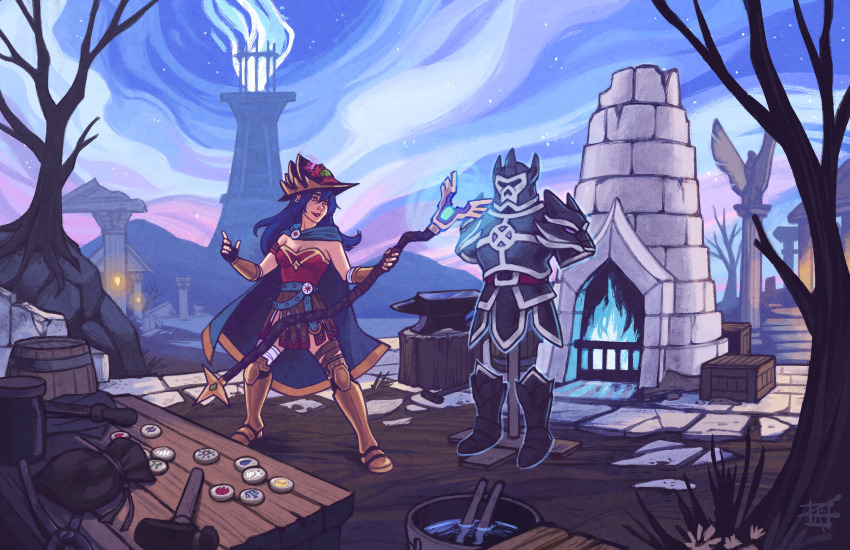 1girl, absurdres, anvil, armor, armored_boots, bandaged_leg, bandages, bare_tree