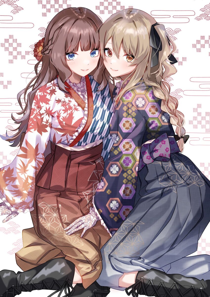 2girls, alternate_hairstyle, arm_at_side, assault_lily, back_bow, black_footwear, black_hakama, black_kimono
