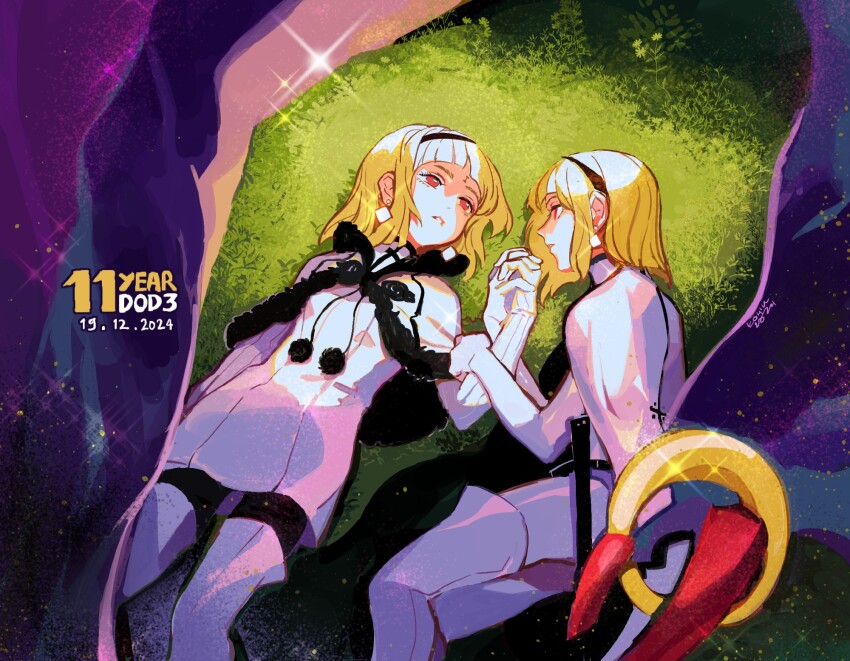 1boy, 1girl, 2024, anniversary, artist_name, black_hairband, blonde_hair, boots