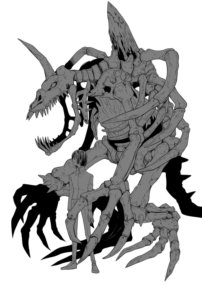 1boy, digimon, digimon_adventure_02, full_body, greyscale, highres, ichijouji_ken, male_focus