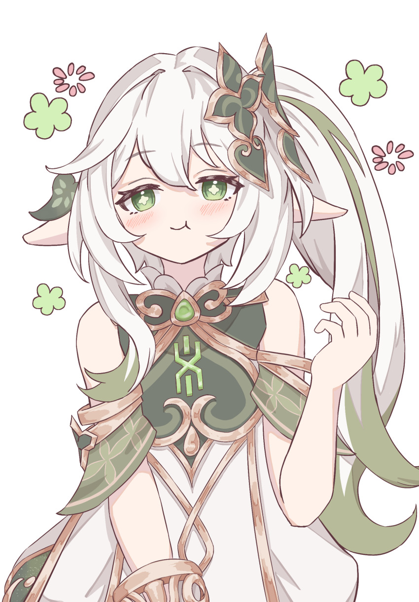 1girl, :t, absurdres, bare_shoulders, blush, bracelet, closed_mouth, commentary_request, detached_sleeves, dress, fumicode2_3, genshin_impact, gold_trim, gradient_hair, green_eyes, green_hair, green_sleeves, hair_between_eyes, hair_ornament, highres, jewelry, leaf_hair_ornament, long_hair, multicolored_hair, nahida_(genshin_impact), pointy_ears, side_ponytail, sleeveless, sleeveless_dress, solo, symbol-shaped_pupils, upper_body, white_background, white_dress, white_hair