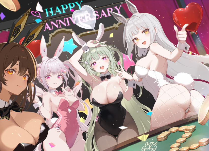 4girls, alice_(nikke), alice_(wonderland_bunny)_(nikke), animal_ears, ass, balloon, bare_shoulders, black_bow, black_bowtie, black_leotard, black_pantyhose, blanc_(nikke), blonde_hair, bow, bowtie, breasts, brown_hair, cleavage, commentary_request, dark-skinned_female, dark_skin, fake_animal_ears, fishnet_pantyhose, fishnets, goddess_of_victory:_nikke, green_hair, happy_anniversary, heart_balloon, highres, huge_breasts, iroha_ironoha, leotard, long_hair, medium_breasts, multiple_girls, noir_(nikke), official_alternate_costume, open_mouth, orange_eyes, pantyhose, pink_bow, pink_bowtie, pink_eyes, pink_leotard, playboy_bunny, poker_chip, poker_table, purple_eyes, rabbit_ears, rabbit_tail, smile, soda_(nikke), soda_(twinkling_bunny)_(nikke), table, tail, teeth, twintails, upper_teeth_only, white_hair, white_leotard, white_pantyhose