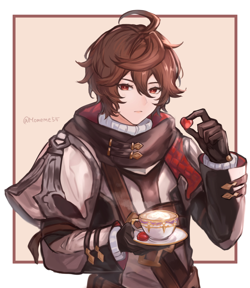 1boy, absurdres, ahoge, bag, brown_hair, candy, coffee, commentary_request